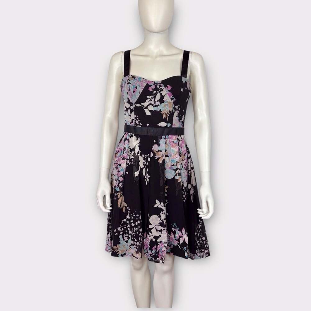 Bebe Floral Black & Pink Dress 100% Silk Sleeveless Knee Length Small